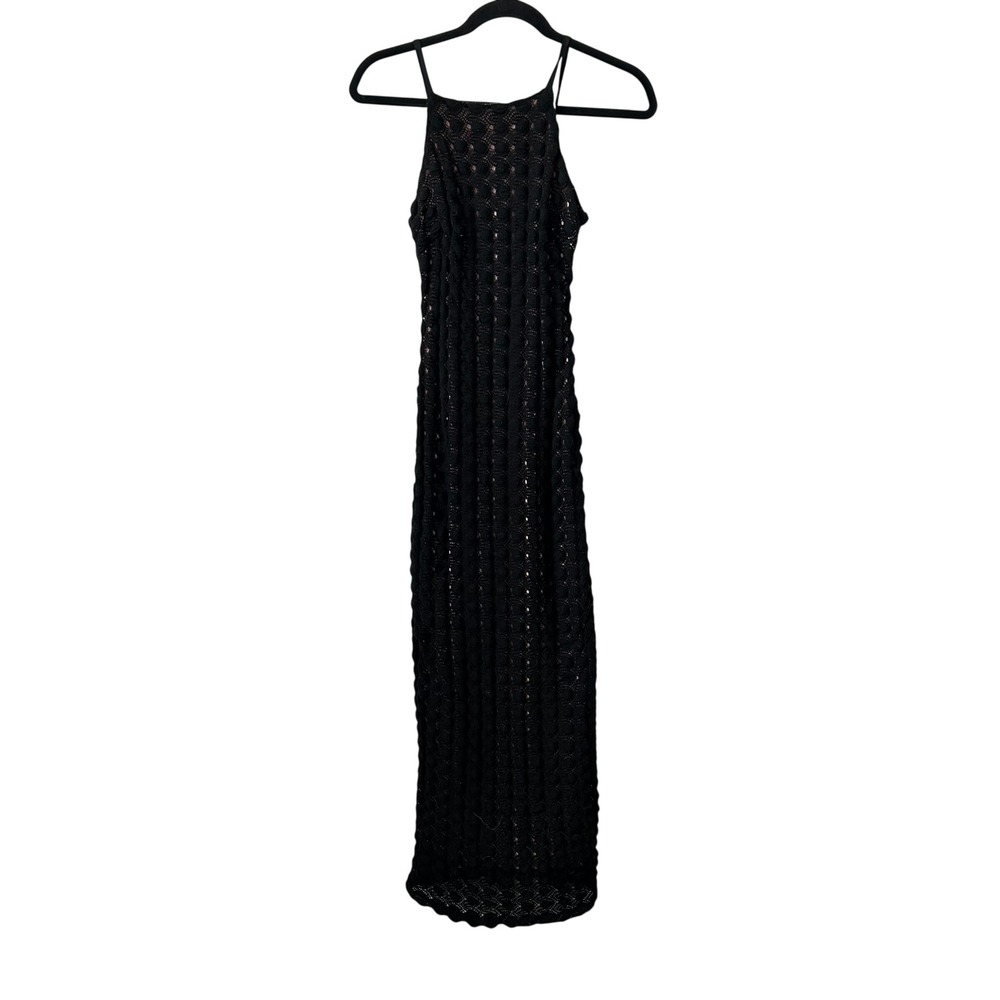Unbranded Crochet Maxi Dress Small Black Textured Halter Lined Excellent Boho